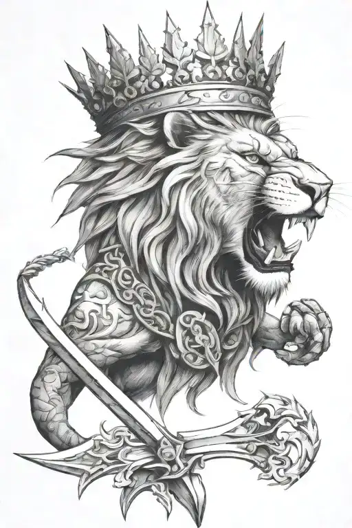 roaring lion head wearing a crown made of thorns with a sword coming out from its mouth tattoo design idea