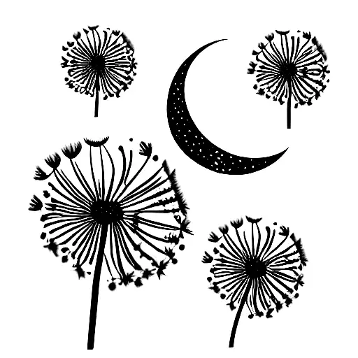 dandelion in a moon surrounded by stars tattoo design idea