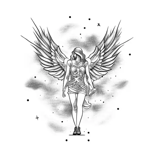 Winged angel playing a flaming guitar in a starry night sky tattoo design idea