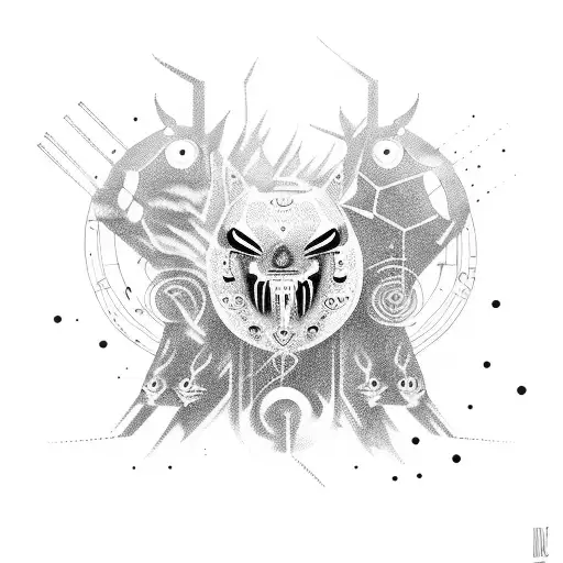 A rave scene with mystical animals dancing to techno music tattoo design idea