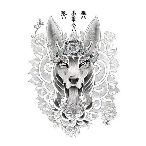 A black-grey tattoo of a mystical animal surrounded by psychedelic flowers tattoo design idea