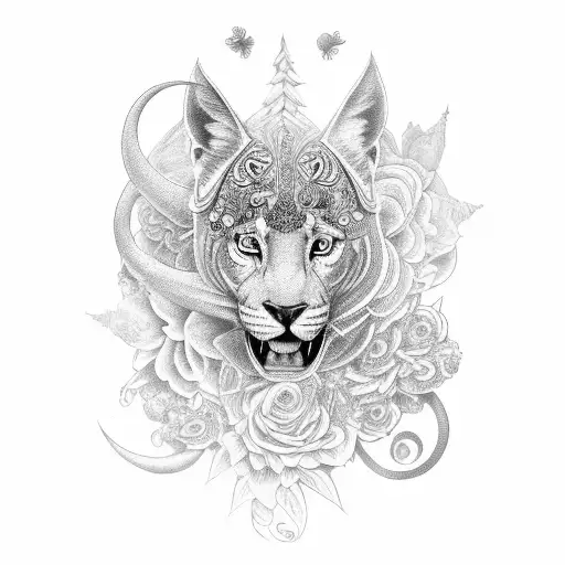 A black-grey tattoo of a mystical animal surrounded by psychedelic flowers tattoo design idea