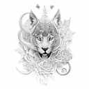 A black-grey tattoo of a mystical animal surrounded by psychedelic flowers tattoo design idea