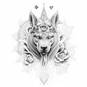 A black-grey tattoo of a mystical animal surrounded by psychedelic flowers tattoo design idea