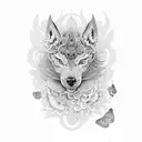 A black-grey tattoo of a mystical animal surrounded by psychedelic flowers tattoo design idea