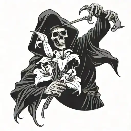 A grim reaper holding a bouquet of lilies, embodying the connection between death and life tattoo design idea