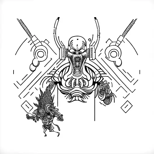 A minimalist tattoo of a pixelated alien predator wearing headphones, combining the client's interests in Predator and music. tattoo design idea