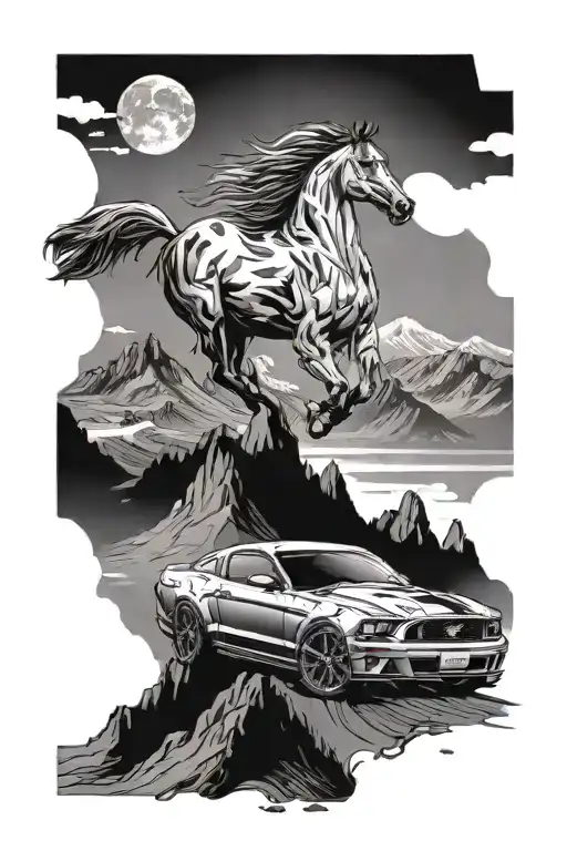 A Ford Mustang speeding through a mountainous landscape tattoo design idea