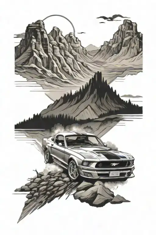 A Ford Mustang speeding through a mountainous landscape tattoo design idea
