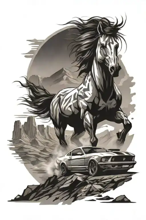 A Ford Mustang speeding through a mountainous landscape tattoo design idea
