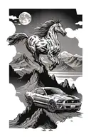 A Ford Mustang speeding through a mountainous landscape tattoo design idea