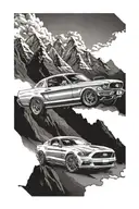 A Ford Mustang speeding through a mountainous landscape tattoo design idea