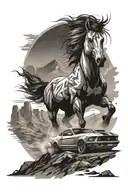 A Ford Mustang speeding through a mountainous landscape tattoo design idea