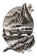 A Ford Mustang speeding through a mountainous landscape tattoo design idea