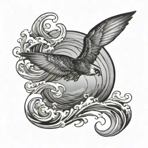 A storm petrel soaring over turbulent waves tattoo design idea