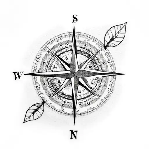 detailed compass with leaves falling tattoo design idea