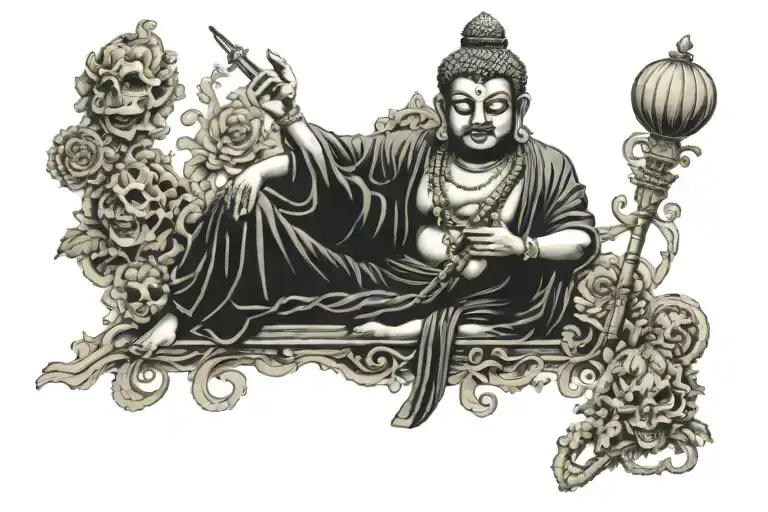 budha sitting on Krishna flute surrounded tattoo design idea