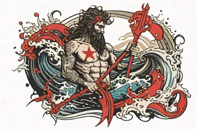 waves Poseidon holding a trident tattoo design idea