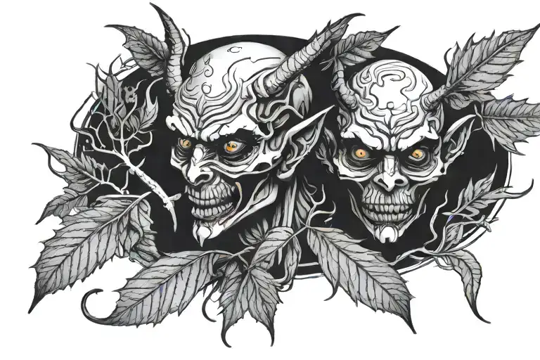 Demon smoking weed leaves avec un oeil qui crie  tattoo design idea