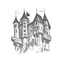 Medieval castle surrounded by WWII tanks tattoo design idea