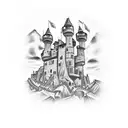 Medieval castle surrounded by WWII tanks tattoo design idea
