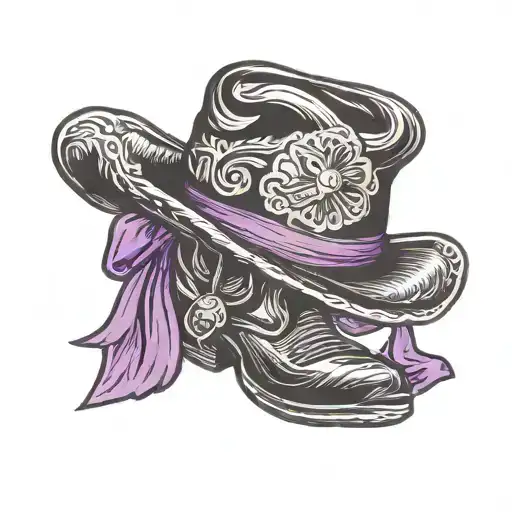 black cowboy hat on cowboy boots with purple pancreatic awareness ribbon  tattoo design idea