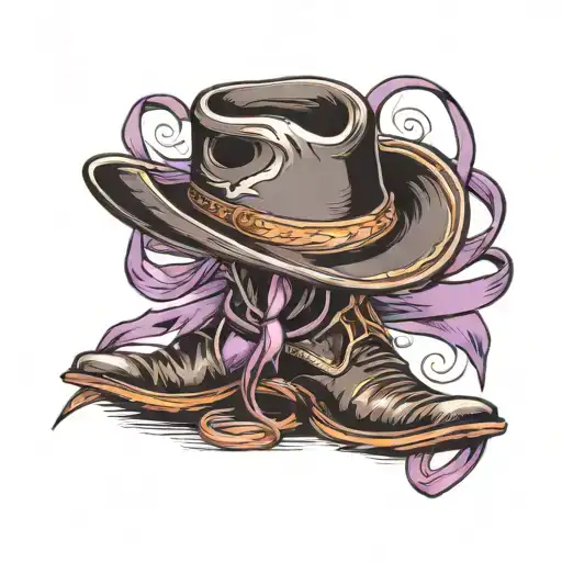 black cowboy hat on boots with purple ribbon intertwined tattoo design idea