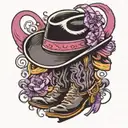 black cowboy hat on boots with purple pancreatic ribbon tattoo design idea