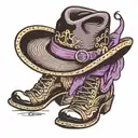 black cowboy hat on boots with purple pancreatic ribbon tattoo design idea