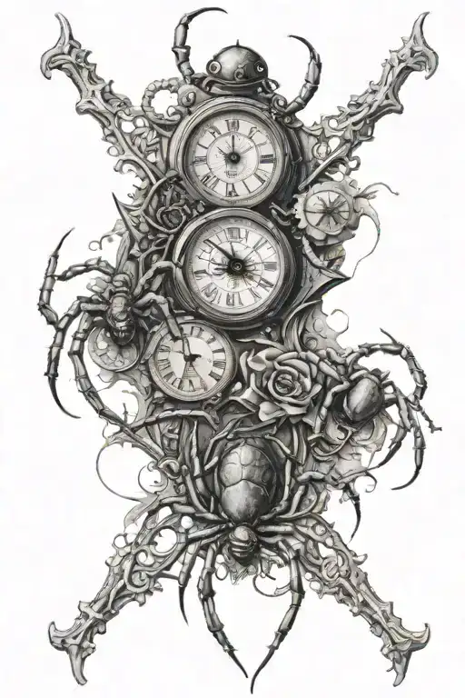 spider family clock tattoo design idea