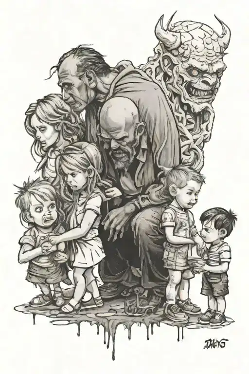 a father with his wife, son and two daughters goes through life ignoring the demons tattoo design idea