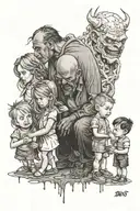 a father with his wife, son and two daughters goes through life ignoring the demons tattoo design idea