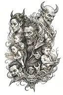 a father with his wife, son and two daughters goes through life ignoring the demons tattoo design idea