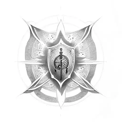 A dotwork tattoo of a warrior holding a shield adorned with musical notes, representing the harmony between strength and music tattoo design idea