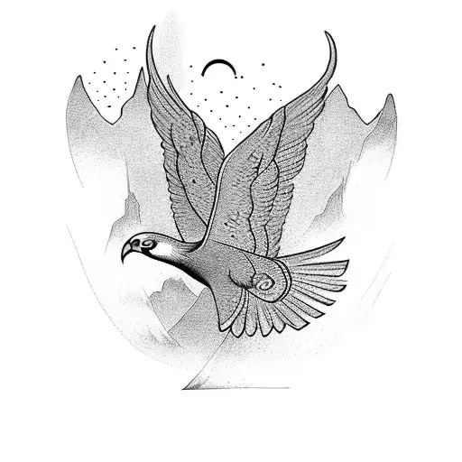 A blackwork tattoo of a majestic bird soaring over the mountains of Norway tattoo design idea