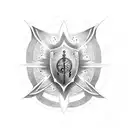 A dotwork tattoo of a warrior holding a shield adorned with musical notes, representing the harmony between strength and music tattoo design idea