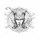 A dotwork tattoo of a warrior holding a shield adorned with musical notes, representing the harmony between strength and music tattoo design idea