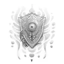 A dotwork tattoo of a warrior holding a shield adorned with musical notes, representing the harmony between strength and music tattoo design idea