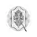 A dotwork tattoo of a warrior holding a shield adorned with musical notes, representing the harmony between strength and music tattoo design idea