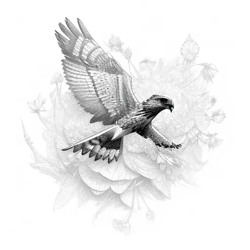 A stylized hawk with its wings made of delicate flower petals tattoo design idea