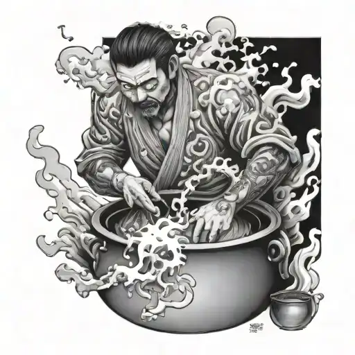 boiling japanese man in a pot of water steam and fire  tattoo design idea