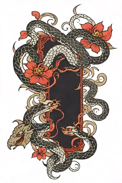 arm sleeve tattoo japanese style dark contrast with red flowers and snakes for cover up tattoo tattoo design idea
