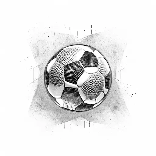 A black and grey portrait of a soccer ball with trophies as the background tattoo design idea