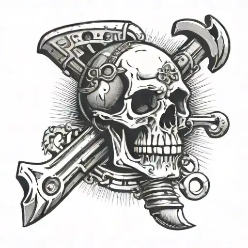 skull with engineer's hammer and wrench crossed tattoo design idea