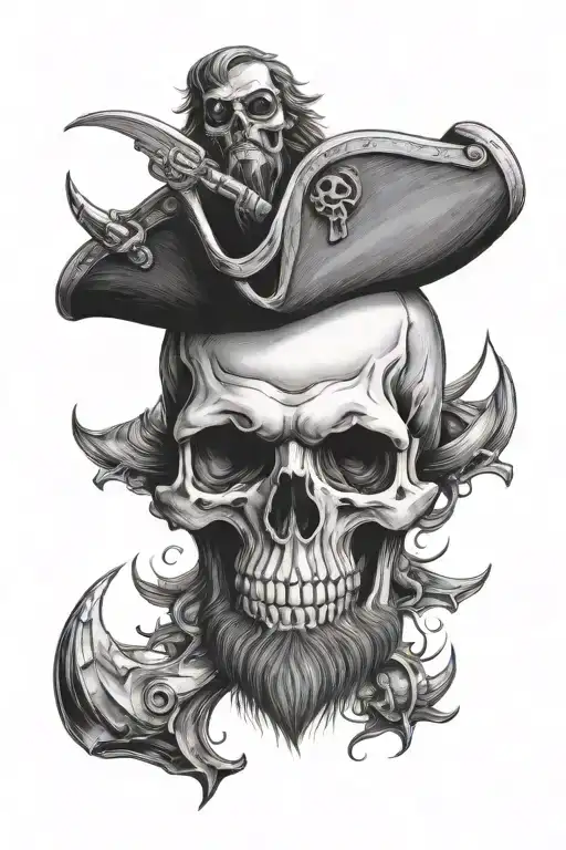 skull, bearded, pirate, ship, guns tattoo design idea