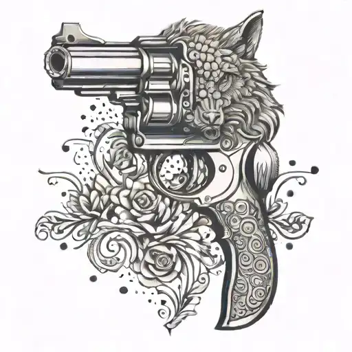 A vintage revolver with a wolf engraved on it in a dotwork style tattoo design idea