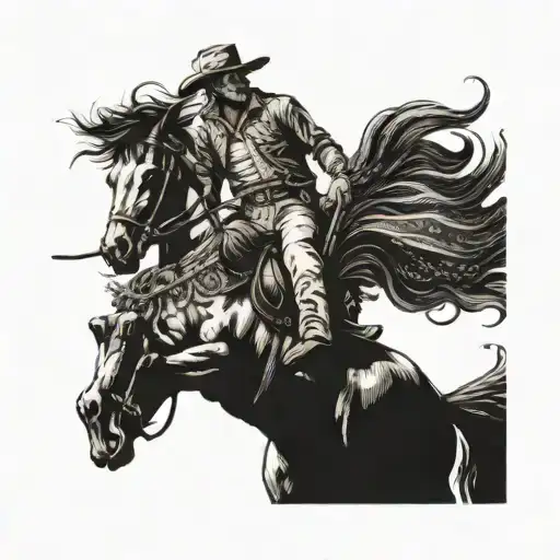 A cowboy riding a wild mustang in a dotwork style tattoo design idea