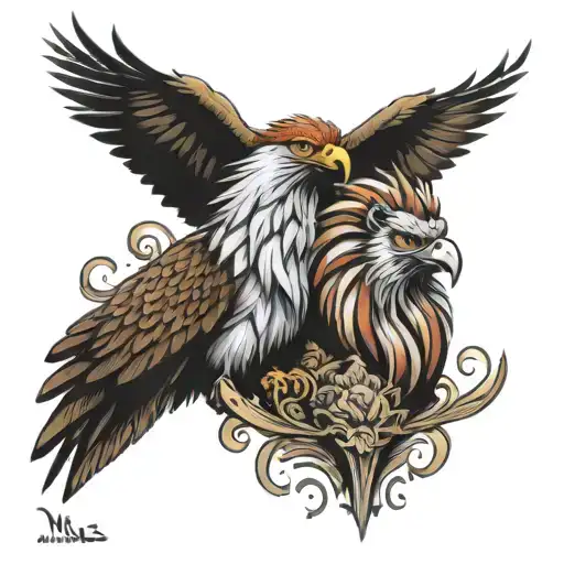  an eagle and a lion standing tattoo design idea