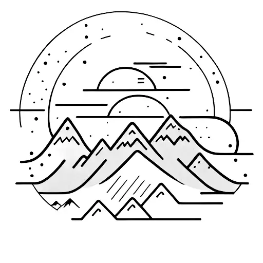 Mountains with the rising sun and rays. There are small waves at the bottom left. tattoo design idea