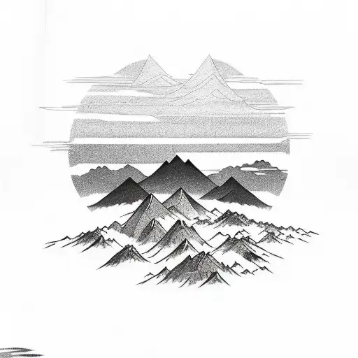 Mountains with the rising sun and rays. There are small waves at the bottom left. little picture. tattoo design idea